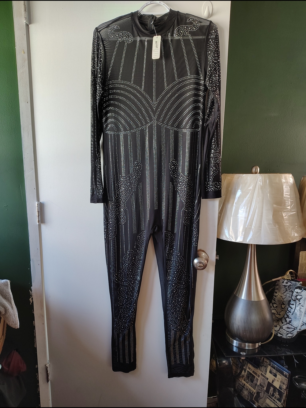 Black Sheer Mesh Long Sleeve Body Suit with Rhinestones